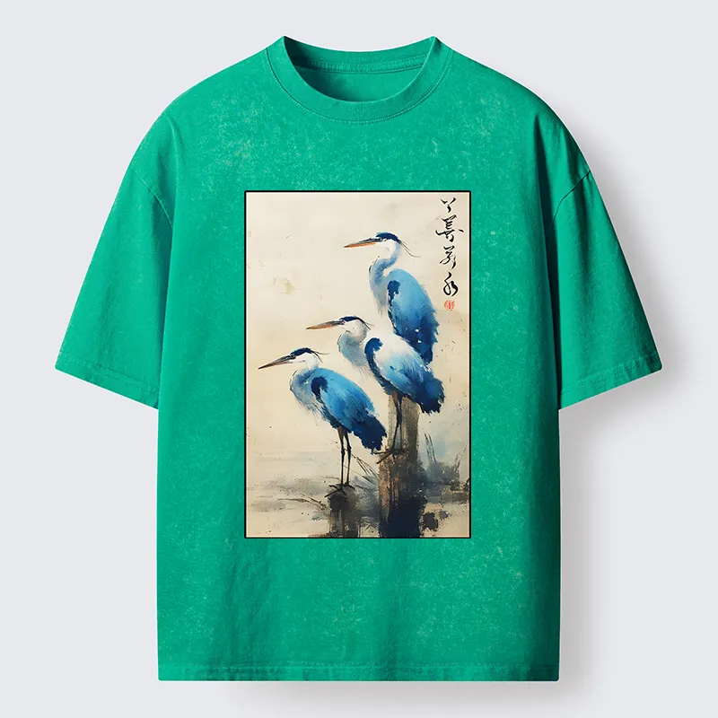 Tokyo-Lion Great Blue Heron Japan Washed T-Shirt-Tokyo-Lion