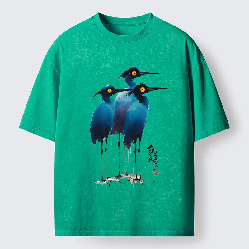 Tokyo-Lion Great Blue Heron Ink Painting Washed T-Shirt