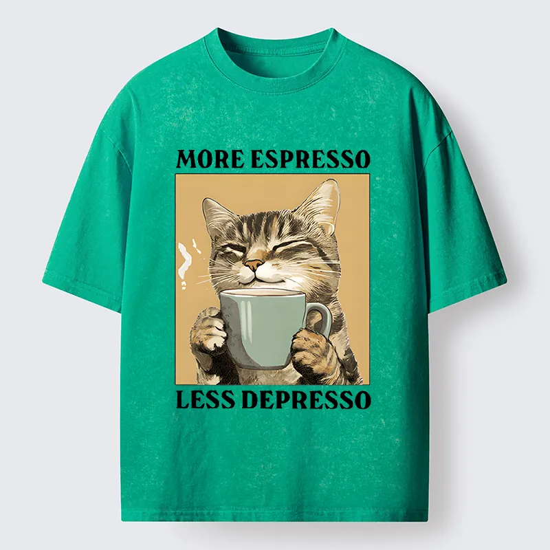 Tokyo-Lion Cute Cat Drinking Coffee Washed T-Shirt
