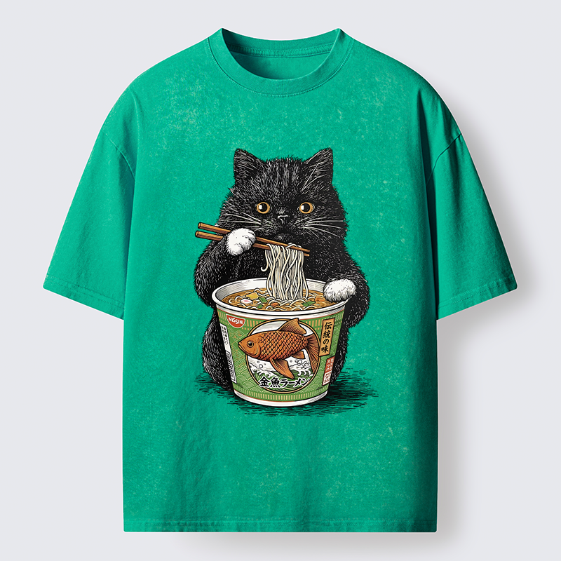 Tokyo-Lion Black Cat Eating Japanese Food Washed T-Shirt