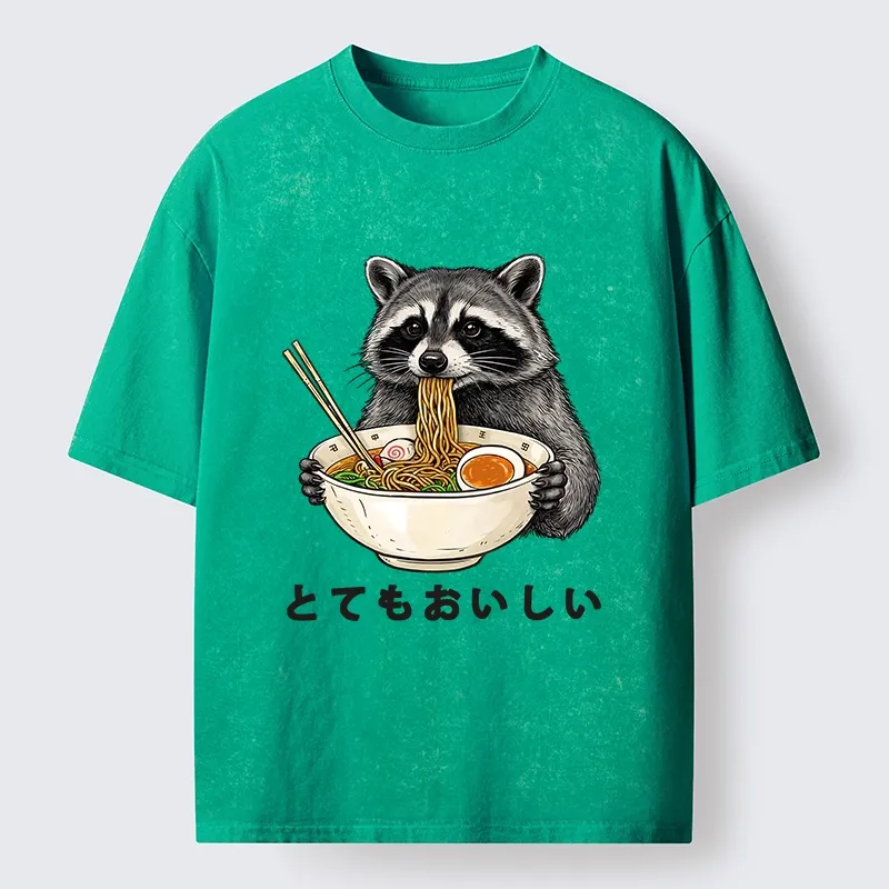 Tokyo-Lion Raccoon Eating A Big Bowl Of Ramen Washed T-Shirt