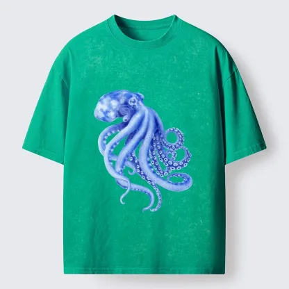 Tokyo-Lion Retro Blue Octopus Washed T-Shirt