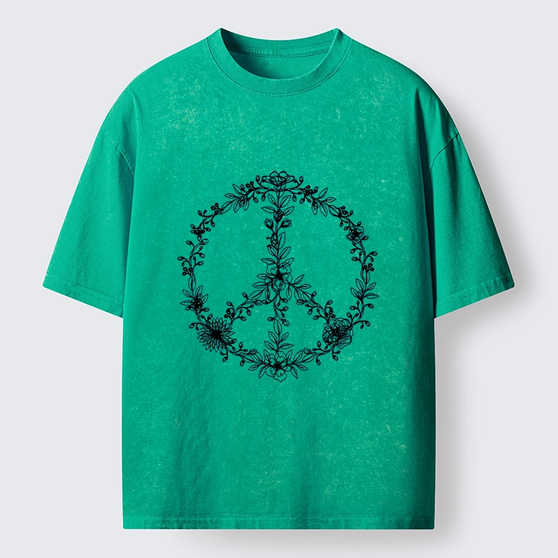 Tokyo-Lion Circle of Flower Peace Sign Washed T-Shirt