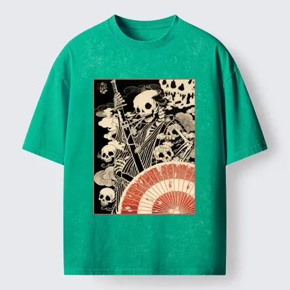 Tokyo-Lion Dark Samurai Skeleton Art Washed T-Shirt