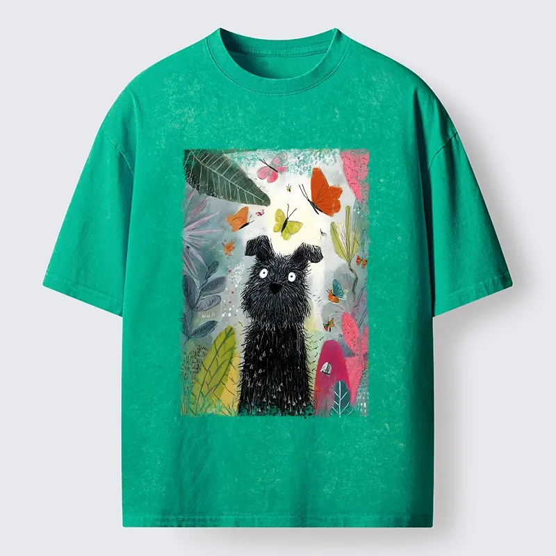 Tokyo-Lion Black Dog Among Colorful Butterflies Washed T-Shirt-Tokyo-Lion