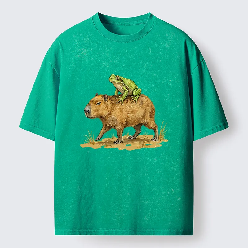 Tokyo-Lion Frog Riding A Capybara Washed T-Shirt