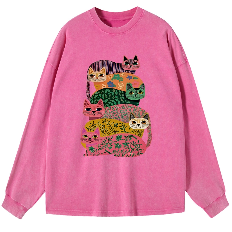 Tokyo-Lion Colorful Cats Washed Long Sleeve T-Shirt-Tokyo-Lion