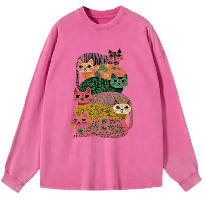 Tokyo-Lion Colorful Cats Washed Long Sleeve T-Shirt-Tokyo-Lion