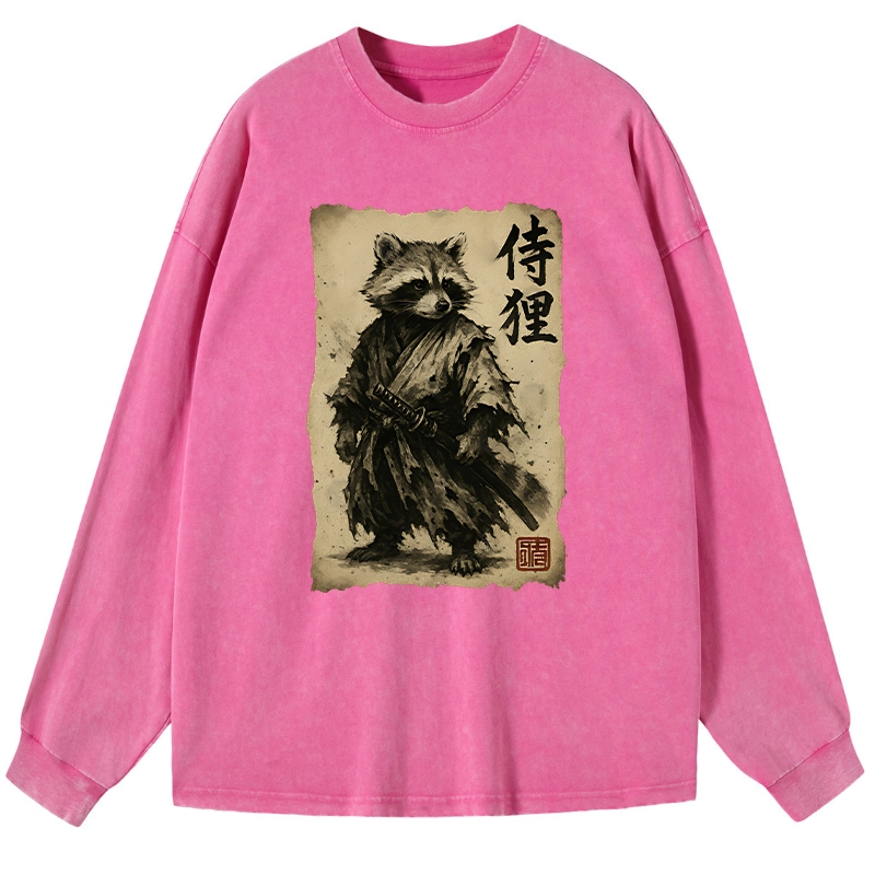 Tokyo-Lion Retro Raccoon Samurai Washed Long Sleeve T-Shirt