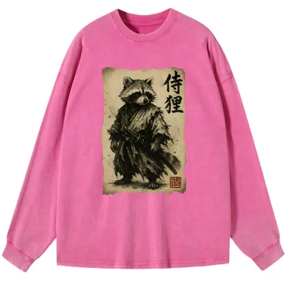 Tokyo-Lion Retro Raccoon Samurai Washed Long Sleeve T-Shirt