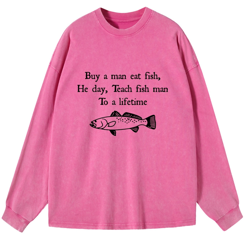 Tokyo-Lion Man Eat Fish Meme Washed Long Sleeve T-Shirt-Tokyo-Lion
