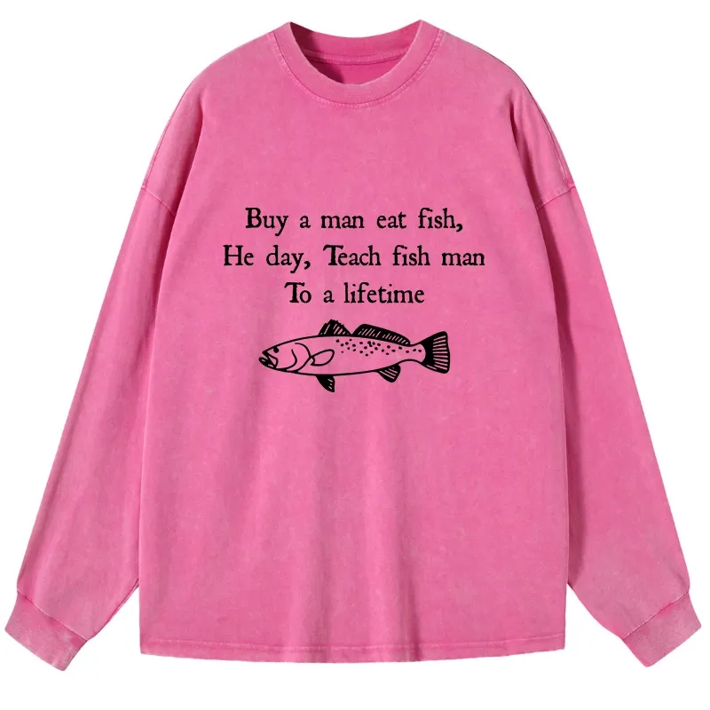 Tokyo-Lion Man Eat Fish Meme Washed Long Sleeve T-Shirt-Tokyo-Lion