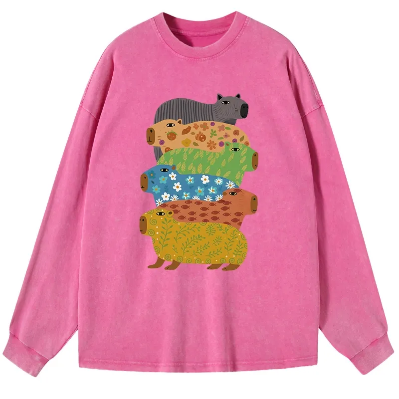 Tokyo-Lion Colorful Capybaras Washed Long Sleeve T-Shirt