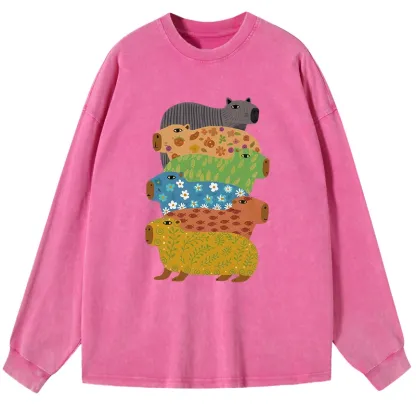 Tokyo-Lion Colorful Capybaras Washed Long Sleeve T-Shirt
