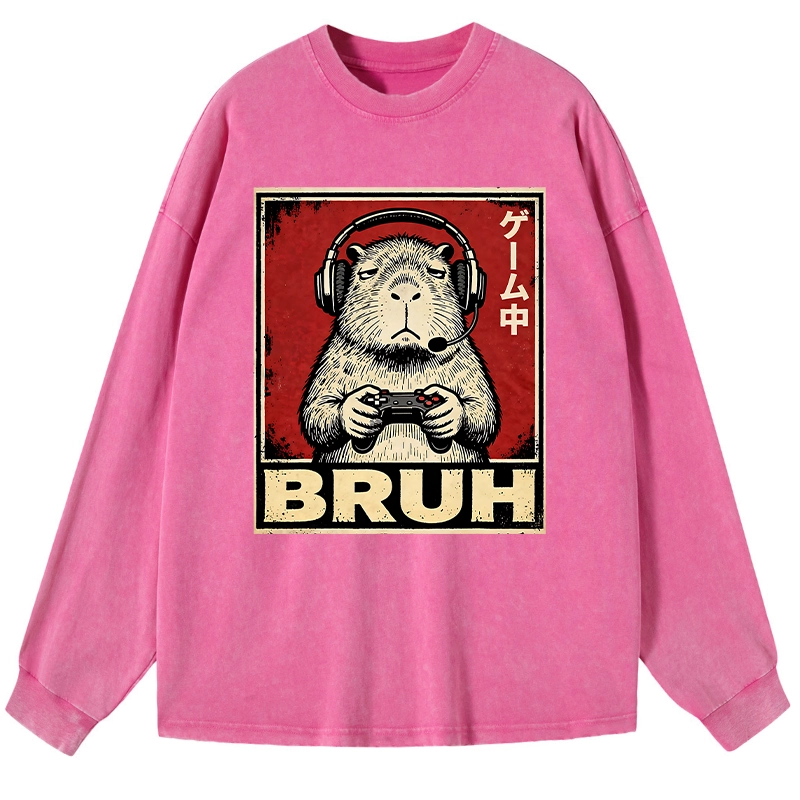 Tokyo-Lion Funny Capybara Playing Games Washed Long Sleeve T-Shirt