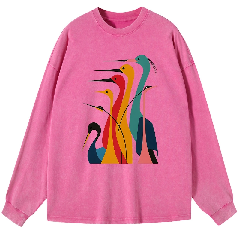 Tokyo-Lion Various Types Of Cranes Washed Long Sleeve T-Shirt