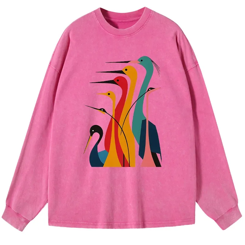 Tokyo-Lion Various Types Of Cranes Washed Long Sleeve T-Shirt