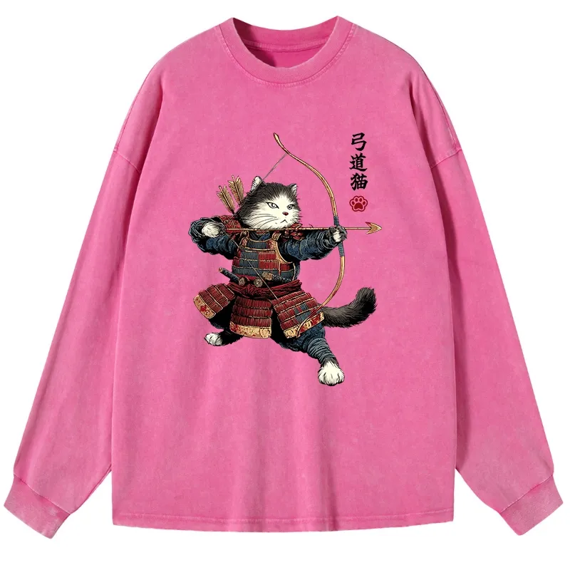 Tokyo-Lion Kyudo Samurai Cat Washed Long Sleeve T-Shirt