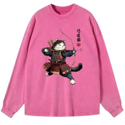 Tokyo-Lion Kyudo Samurai Cat Washed Long Sleeve T-Shirt