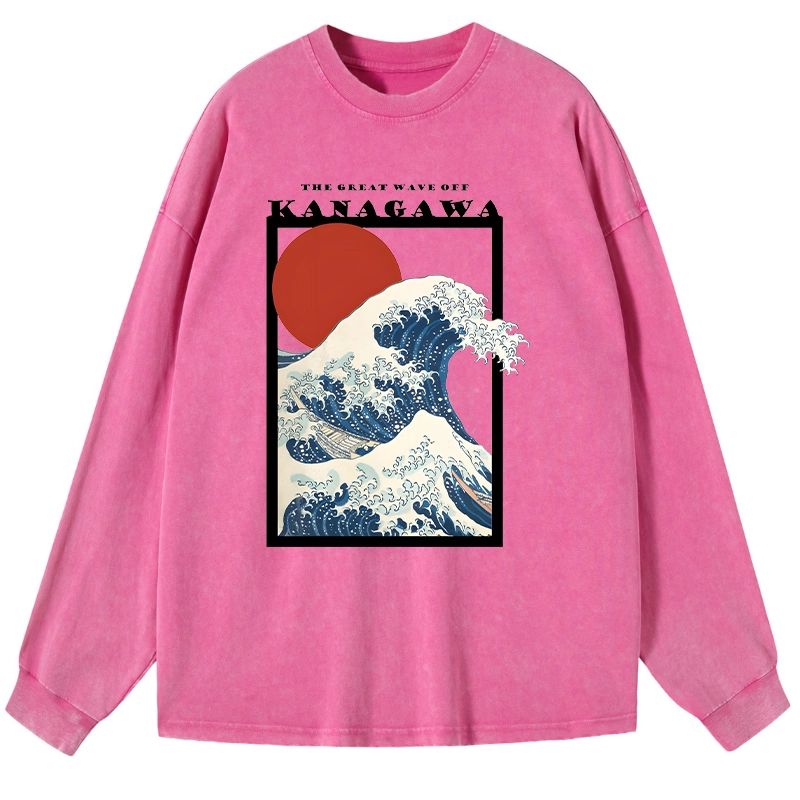 Tokyo-Lion Minimalist Ukiyo-e Waves Washed Long Sleeve T-Shirt