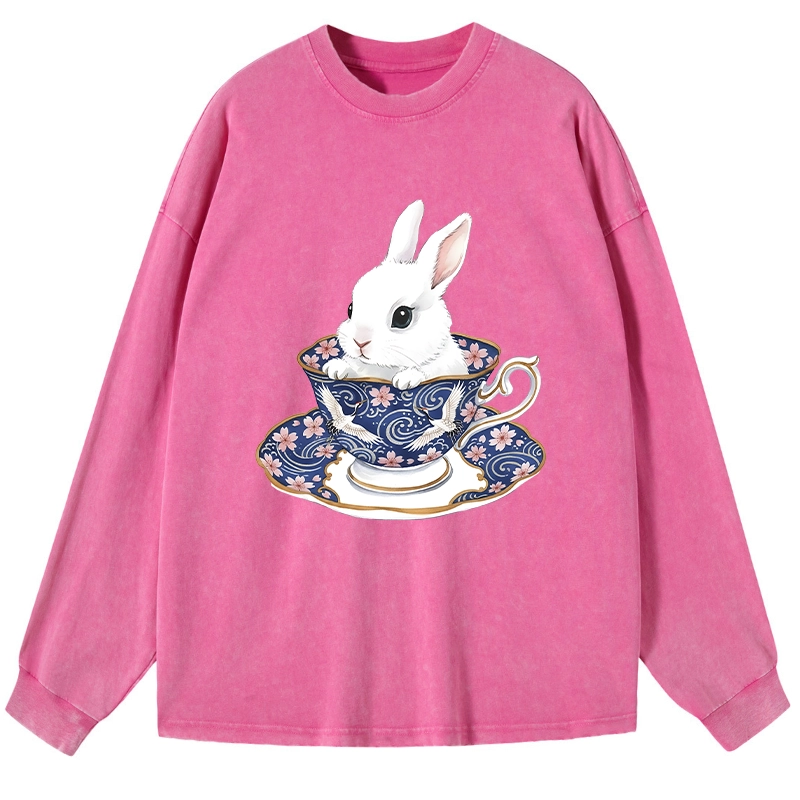 Tokyo-Lion Cute Rabbit Tea Set Washed Long Sleeve T-Shirt