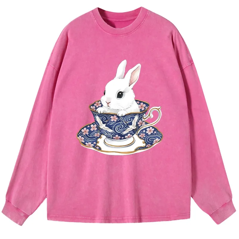 Tokyo-Lion Cute Rabbit Tea Set Washed Long Sleeve T-Shirt