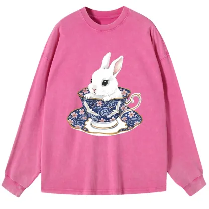 Tokyo-Lion Cute Rabbit Tea Set Washed Long Sleeve T-Shirt