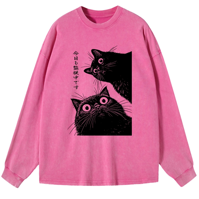 Tokyo-Lion The Cat Is Watching Today Washed Long Sleeve T-Shirt