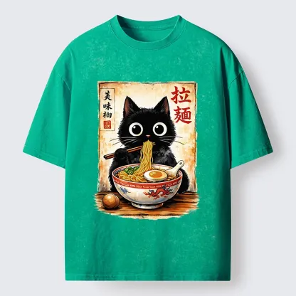 Tokyo-Lion Cute Cat Slurping Ramen Washed T-Shirt