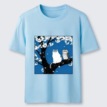 Tokyo-Lion Cat And Owl Under Sakura Classic T-Shirt