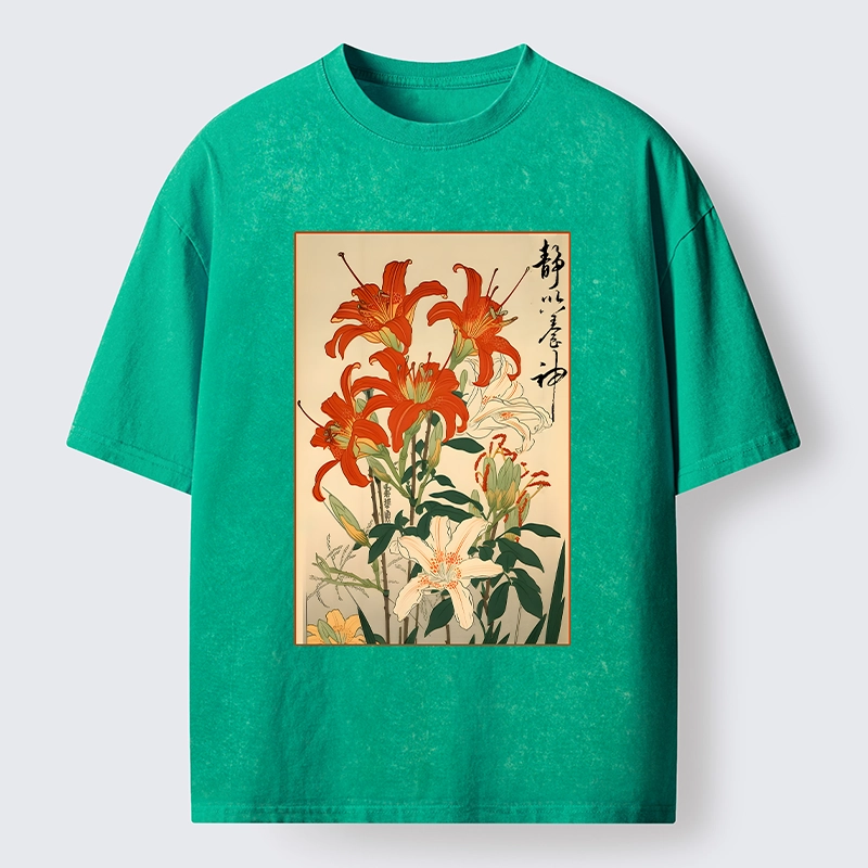 Tokyo-Lion Vibrant Red And White Lilies Washed T-Shirt-Tokyo-Lion