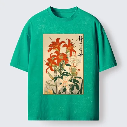 Tokyo-Lion Vibrant Red And White Lilies Washed T-Shirt-Tokyo-Lion