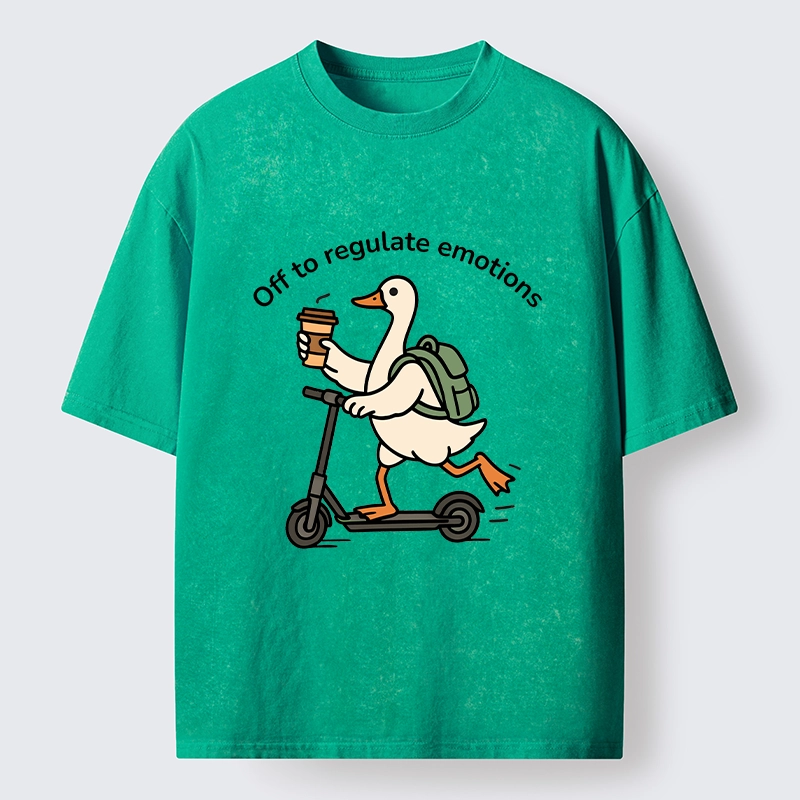 Tokyo-Lion Scooter-Riding Duck’s Self-Care Washed T-Shirt