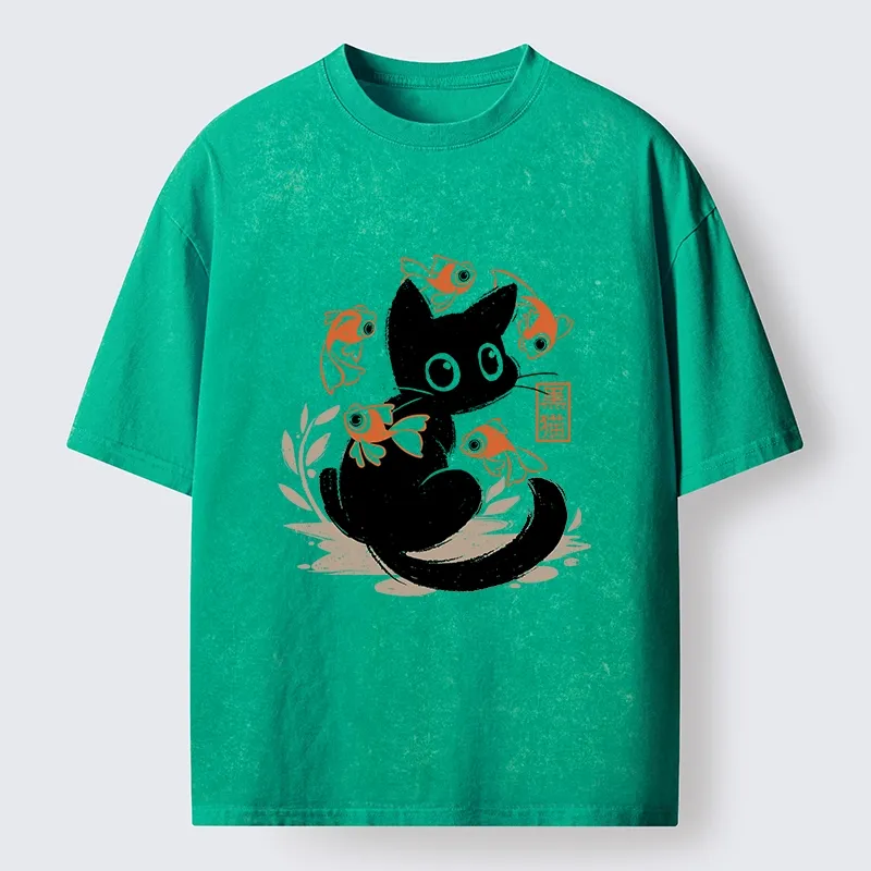 Tokyo-Lion Curious Black Cat Among Fish Washed T-Shirt