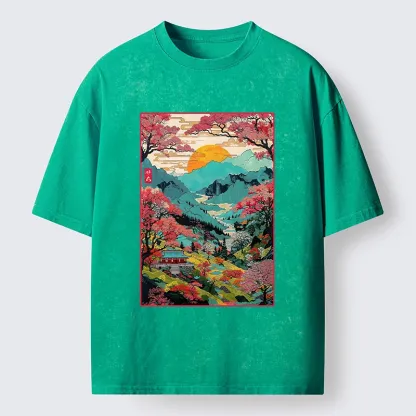 Tokyo-Lion Golden Sun Over Serene Valley Washed T-Shirt