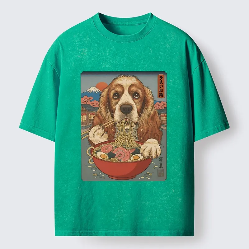 Tokyo-Lion Dog Slurping Ramen In Japanese Style Washed T-Shirt