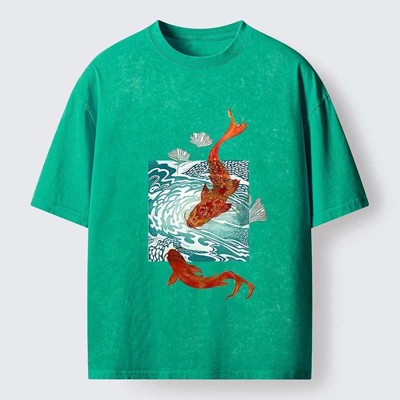 Tokyo-Lion Vibrant Koi In Wave Patterns Washed T-Shirt