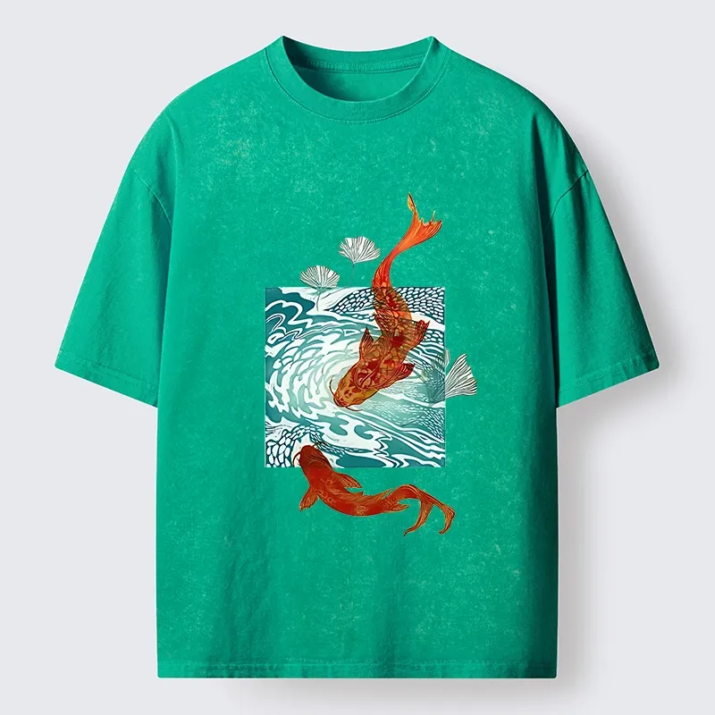 Tokyo-Lion Vibrant Koi In Wave Patterns Washed T-Shirt