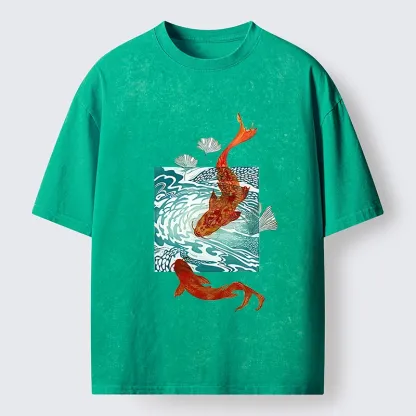 Tokyo-Lion Vibrant Koi In Wave Patterns Washed T-Shirt