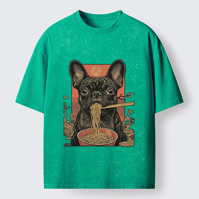 Tokyo-Lion Vintage Style Dog And Ramen Art Washed T-Shirt