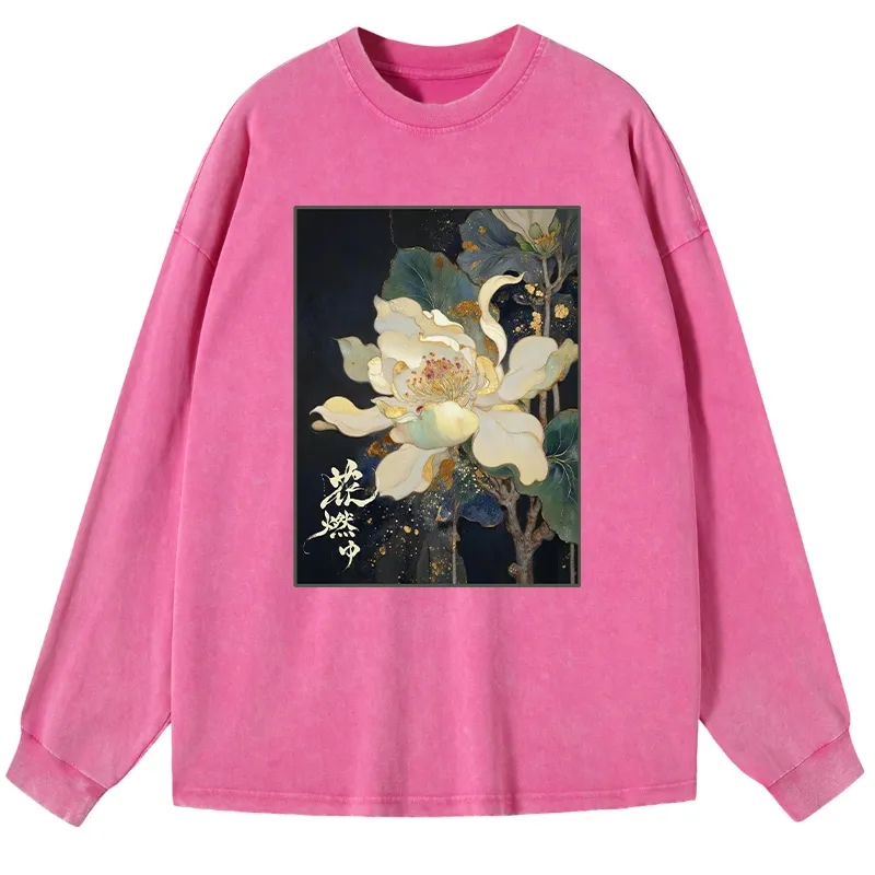 Tokyo-Lion Lotus Adorned With Golden Specks Washed Long Sleeve T-Shirt