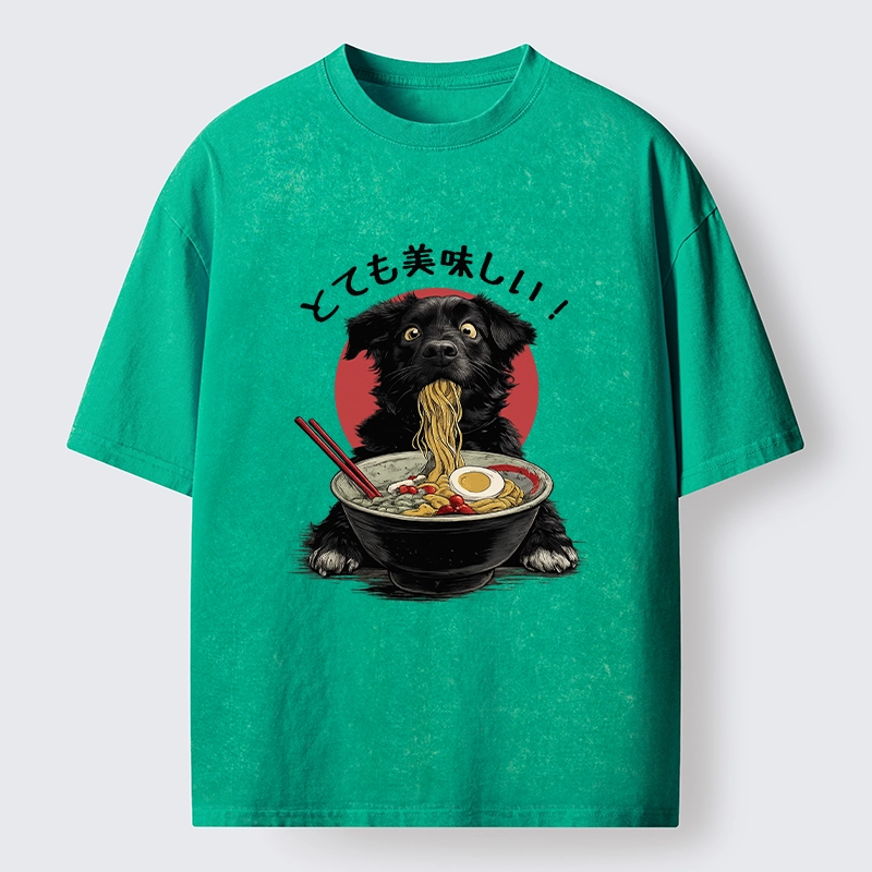 Tokyo-Lion Dog Eating Ramen Joyfully Washed T-Shirt