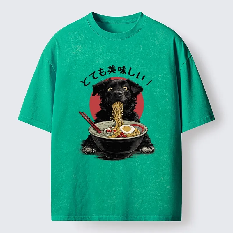 Tokyo-Lion Dog Eating Ramen Joyfully Washed T-Shirt