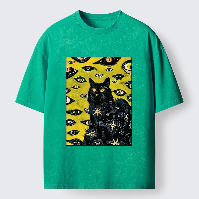 Tokyo-Lion Cat With Many Eyes And Stars Washed T-Shirt