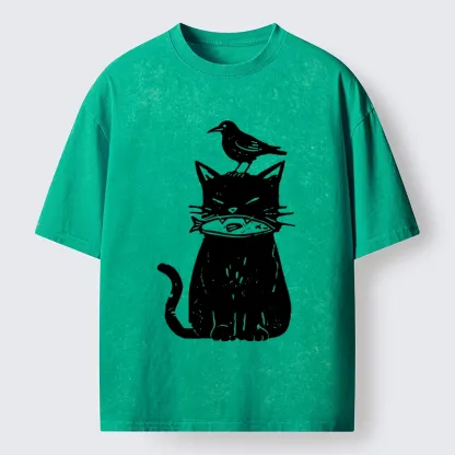 Tokyo-Lion Black Cat With Fish And Bird Washed T-Shirt