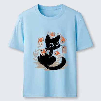 Tokyo-Lion Curious Black Cat Among Fish Classic T-Shirt-Tokyo-Lion