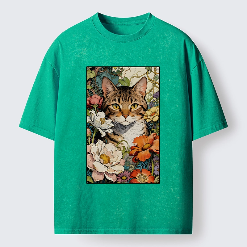 Tokyo-Lion A Cat Hidden In Flowers Washed T-Shirt-Tokyo-Lion