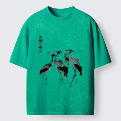 Tokyo-Lion Spirited Up Cranes Ink Painting Washed T-Shirt-Tokyo-Lion