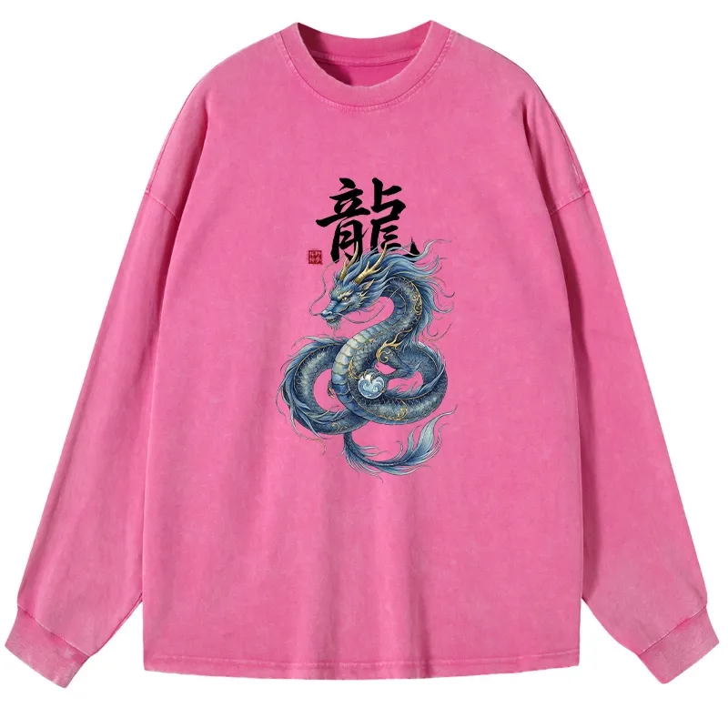 Tokyo-Lion Mythic Blue Dragon Washed Long Sleeve T-Shirt