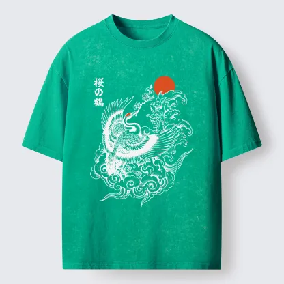 Tokyo-Lion Sakura Crane In Flight Washed T-Shirt